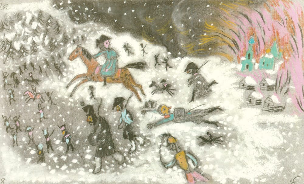 Иллюстрации к книге «Генерал и Бонапарт» и эскизы к мультфильму «Генерал, собака и птицы» по сценарию Т. Гуэрра. 2001 г.