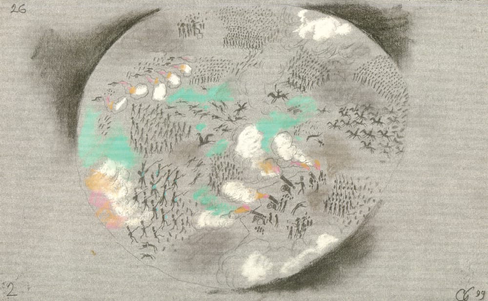 Иллюстрации к книге «Генерал и Бонапарт» и эскизы к мультфильму «Генерал, собака и птицы» по сценарию Т. Гуэрра. 2001 г.