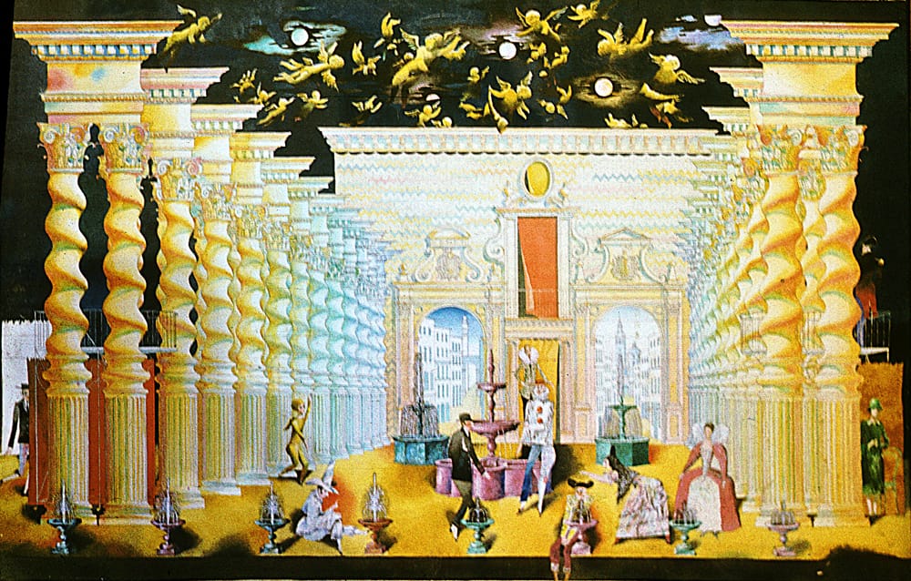 Эскиз к спектаклю «Ревнивая к себе самой». Тирсо де Молина. Малый театр. Режиссеры А.Андреев, Л.Хейфец, бумага, акварель,тушь, перо. 60х80 см. 1978 г.