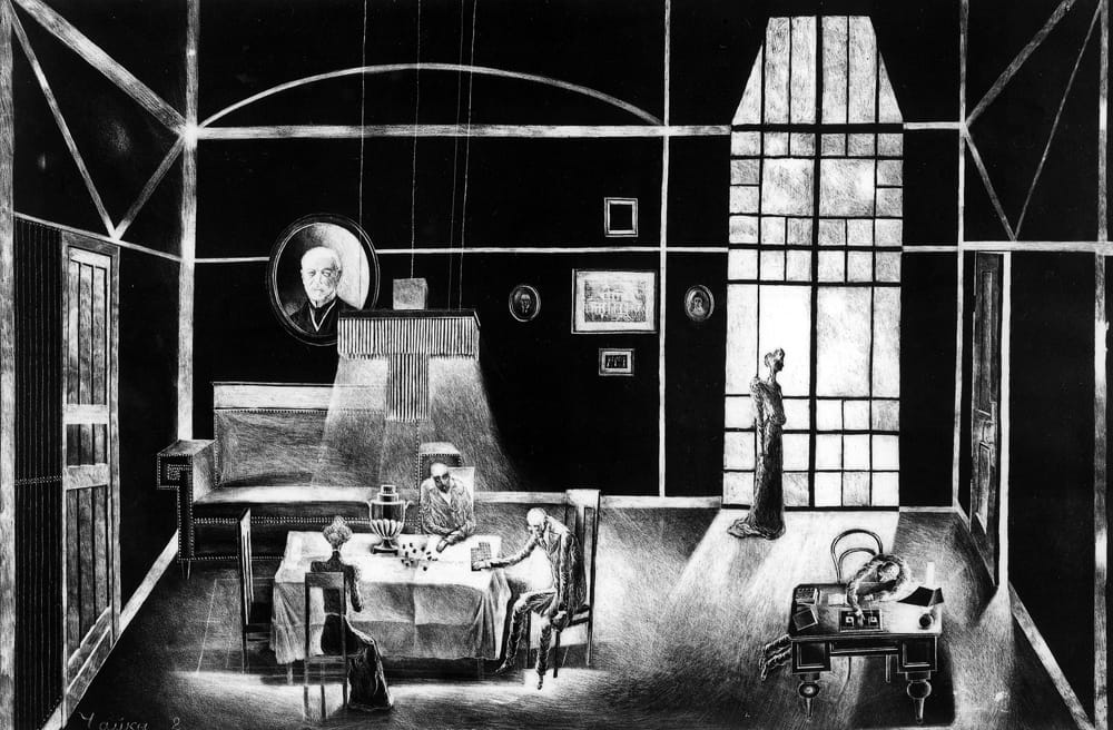 Эскиз к спектаклю «Чайка» А.Чехова. Литовский молодежный театр, Вильнюс. Режиссер Д.Тамувеличуте. Литография, 60х80 см..