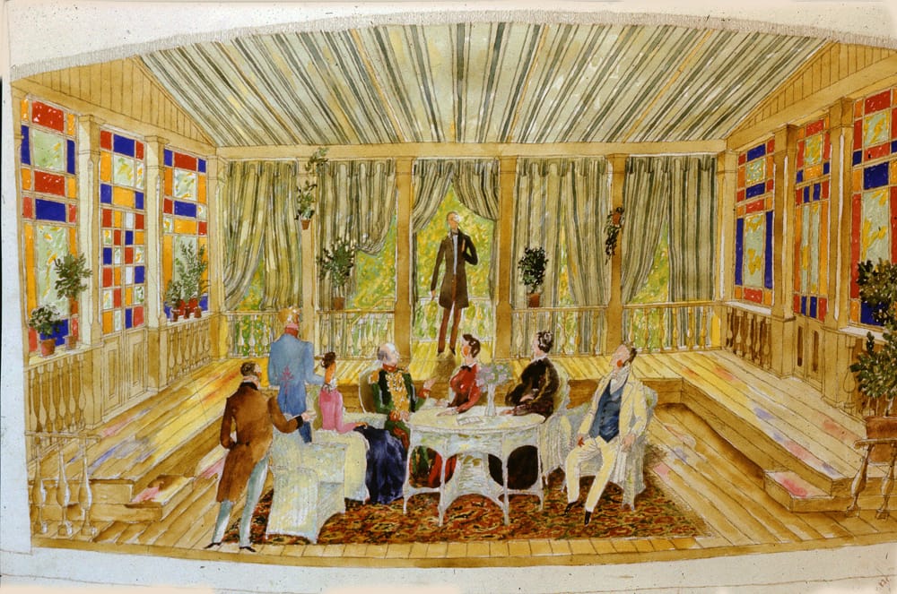 А. Осторвский «На всякого мудреца довольно простоты». Академический Малый театр Союза ССР, Москва. Режиссер Игорь Ильинский. 1983 год. Пять (всего шесть) эскизов декораций. Бумага, перо, тушь, акварель. 70Х100 см. Собственность Художественного Фонда РСФСР.