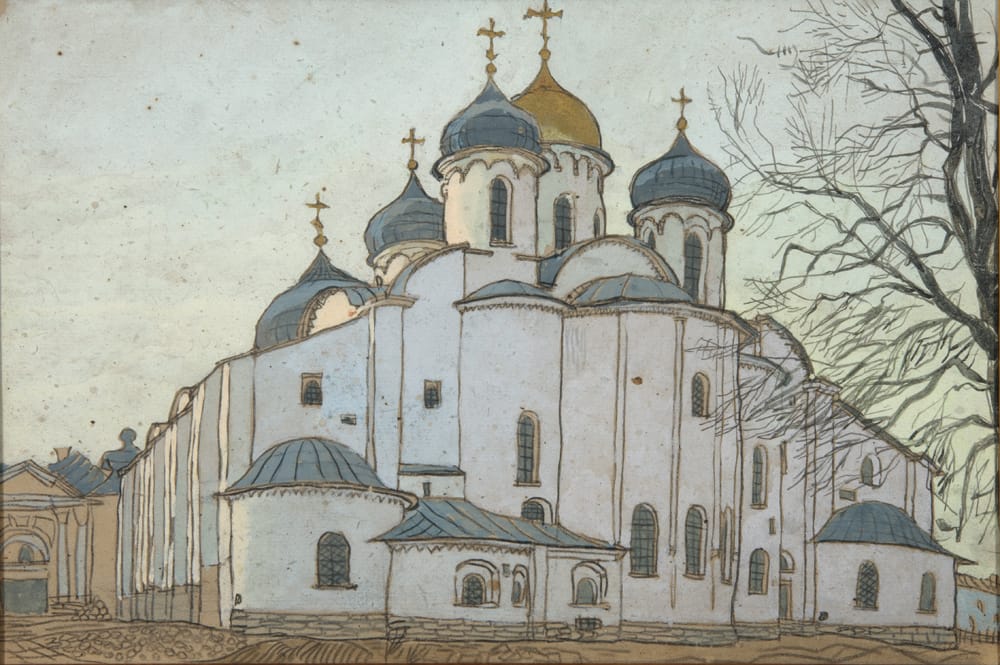 Новгородская София. Тон. картон, гуашь, темп., 29х42 см. май 1957г.