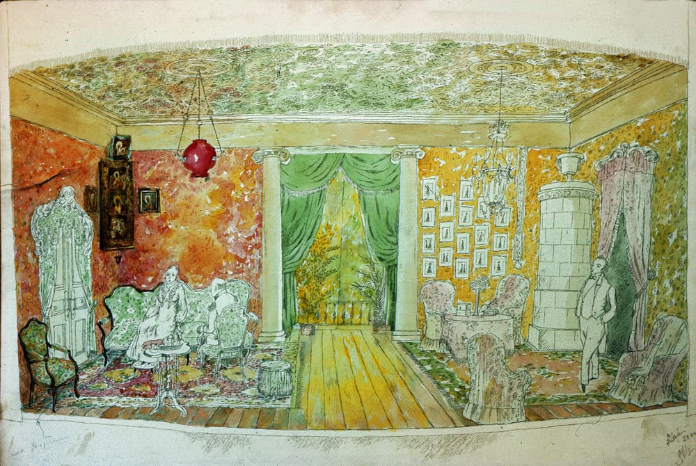 А. Осторвский «На всякого мудреца довольно простоты». Академический Малый театр Союза ССР, Москва. Режиссер Игорь Ильинский. 1983 год. Пять (всего шесть) эскизов декораций. Бумага, перо, тушь, акварель. 70Х100 см. Собственность Художественного Фонда РСФСР.