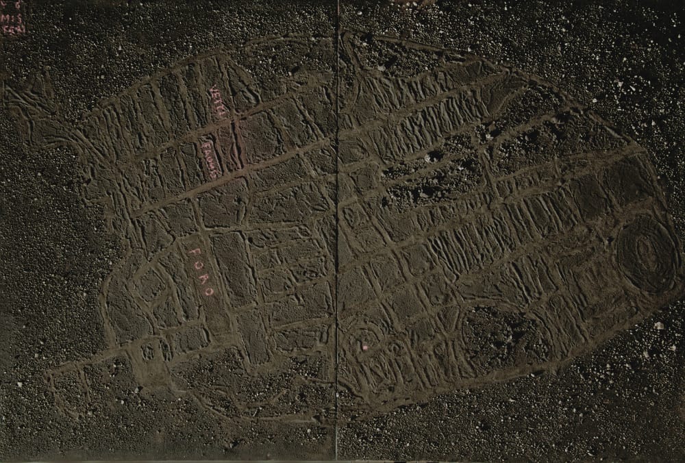 ПОПЫТКА РЕСТАВРАЦИИ ПОМПЕЙ. 1990. Дерево, земля и пепел, взятые со сцены Большого театра в Помпеях, пастель, клей ПВА. 100х140см. Двух частная.