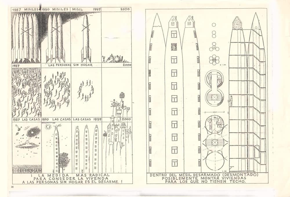1987г. Проект «Жилище бездомных». В соавторстве с Е. Козельковой. Конкурс Юнеско и международного союза архитекторов. Конкурс Юнеско и испанского короля (настоящего, не того гоголевского из «Записок сумасшедшего») – жилище для бездомных. В гостинице Саратова, выпуская «Селестину», вдруг понял, что в корпусах ракет, поставленных вертикально, с украшенными завершениями, можно реально и символически разместить бездомных. Дали специальную премию.