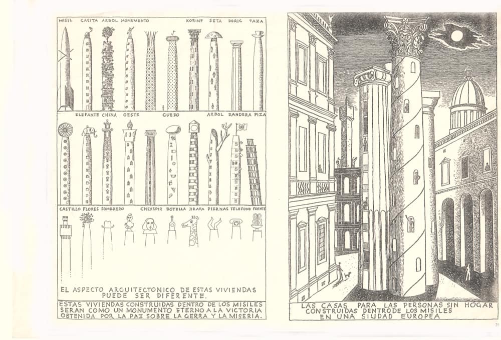 1987г. Проект «Жилище бездомных». В соавторстве с Е. Козельковой. Конкурс Юнеско и международного союза архитекторов. Конкурс Юнеско и испанского короля (настоящего, не того гоголевского из «Записок сумасшедшего») – жилище для бездомных. В гостинице Саратова, выпуская «Селестину», вдруг понял, что в корпусах ракет, поставленных вертикально, с украшенными завершениями, можно реально и символически разместить бездомных. Дали специальную премию.