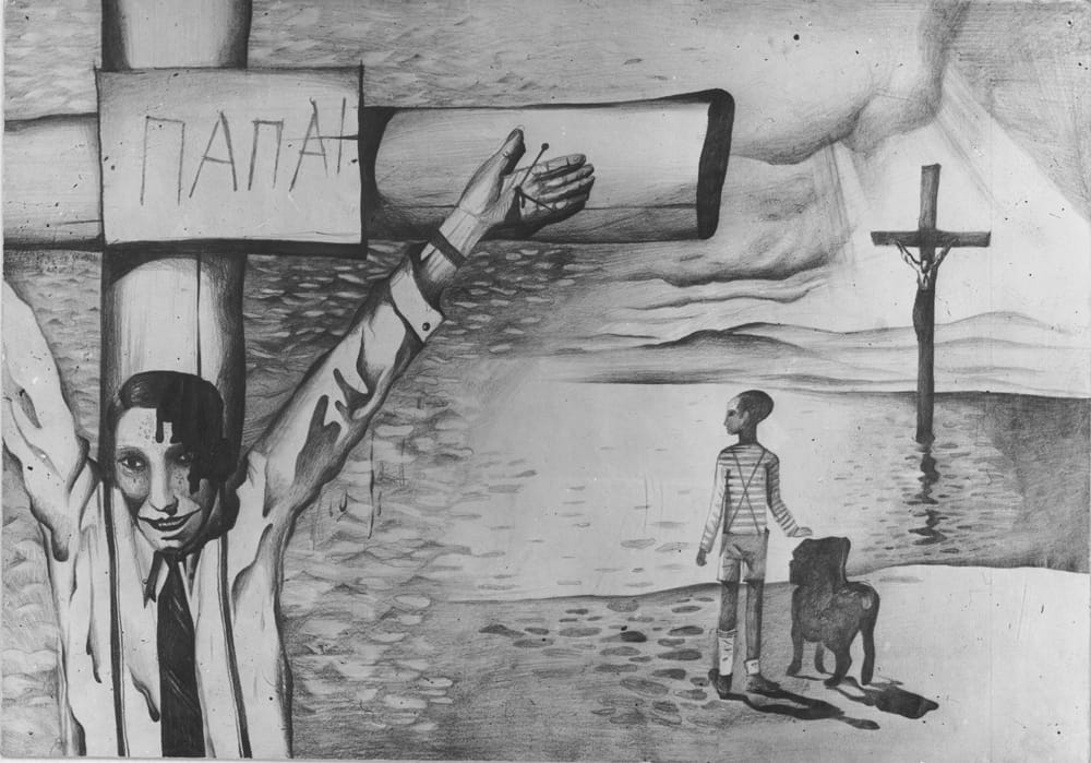 Эскиз к телефильму «Меня могут распять на кресте» 1968 г. Режиссер Е. Шифферс. Не осуществлено. Бумага, картон, 21х29,7 см.