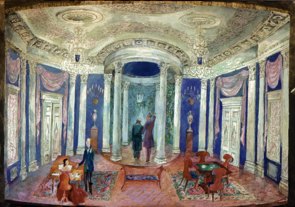 А. Осторвский «На всякого мудреца довольно простоты». Академический Малый театр Союза ССР, Москва. Режиссер Игорь Ильинский. 1983 год. Пять (всего шесть) эскизов декораций. Бумага, перо, тушь, акварель. 70Х100 см. Собственность Художественного Фонда РСФСР.