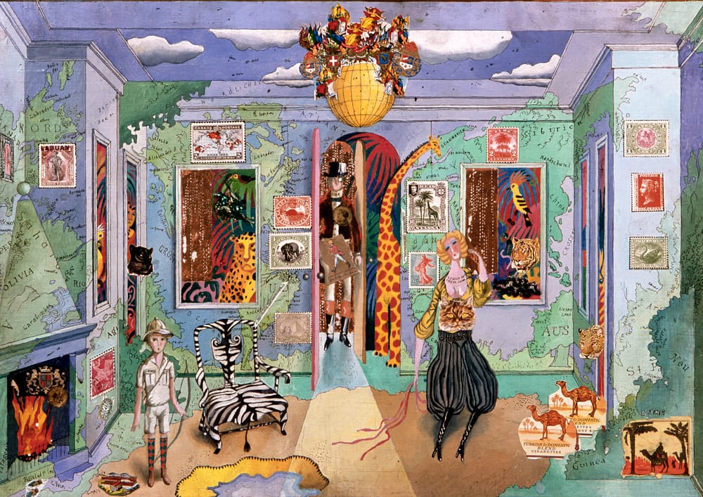 Эскиз к спектаклю «Кошка, которая гуляла сама по себе» Р.Киплинг: 1980г. Режиссер Э.Орехова. Холст на картоне, масло, тушь, перо, аппликация, 55х75см «Самая моя лучшая детская декорация. Это - воображаемая спальня-мечта со всеми колониями, марками, зверями и названиями». СБ