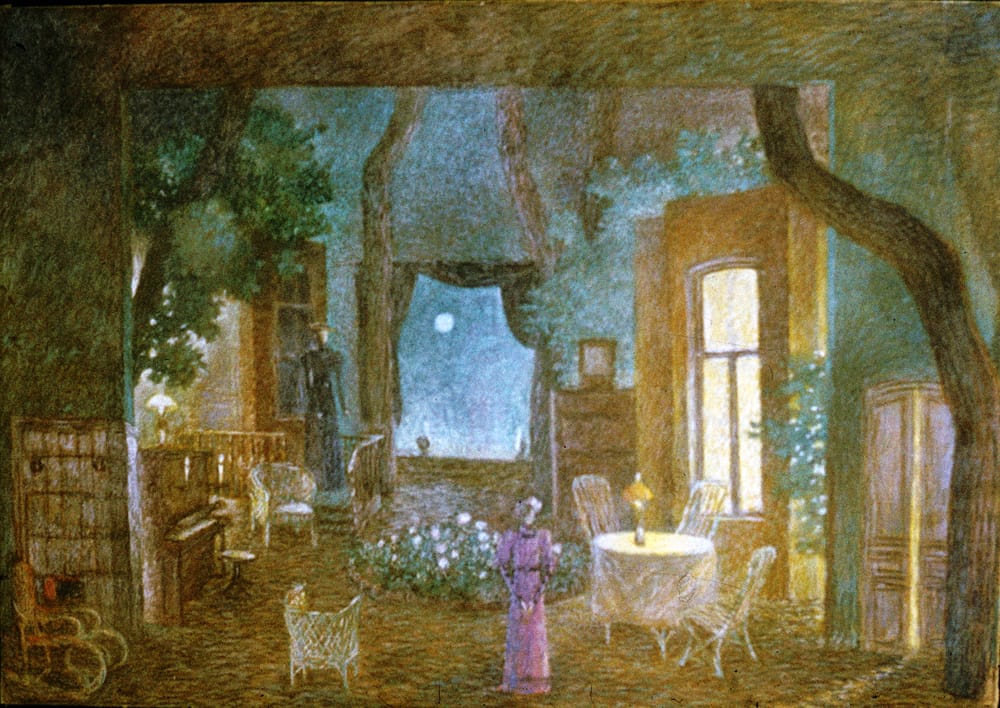 Эскиз к спектаклю «Чайка» А.Чехова. 1970г. Московский театр «Современник». Режиссер О.Ефремов. «Спектакль Треплева». Тон, бумага, пастель, 60х85см.