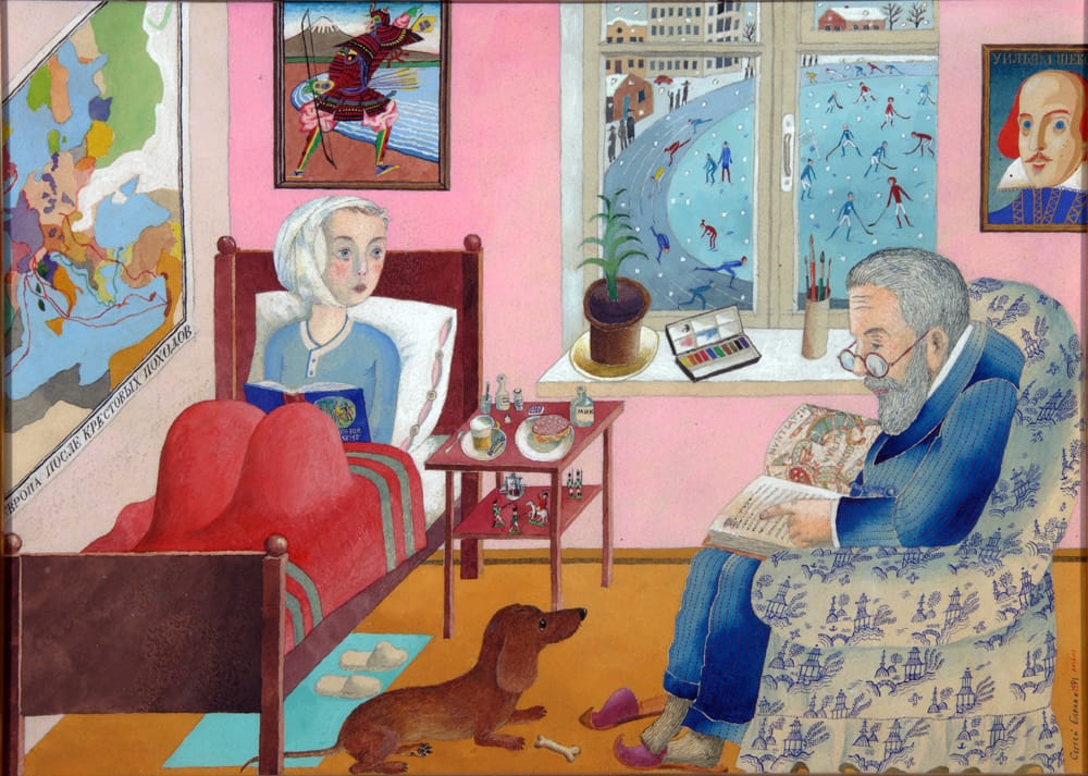 Дедушка с внуком. Бумага, акв., 30х41 см. 1981 г.