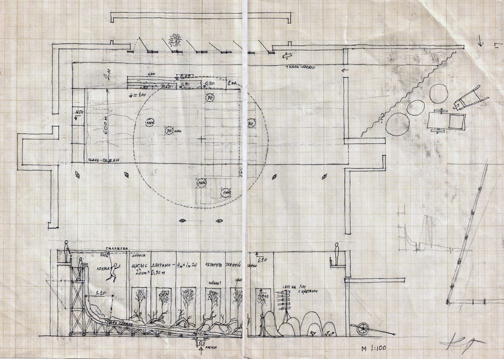 Плановая и фасадная проекция сцены спектакля «Макбет» В. Шекспира. 1996-97 гг. Городской театр Хельсинки. Режиссер К. Гинкас.