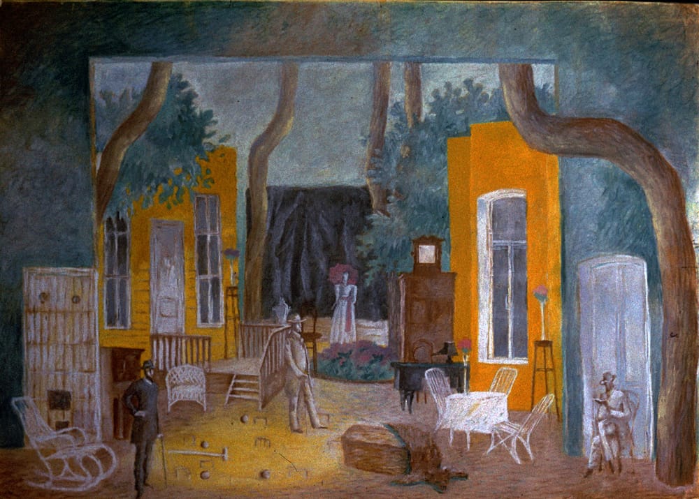 Эскиз к спектаклю «Чайка» А.Чехова. 1970г. Московский театр «Современник». Режиссер О.Ефремов. «Усадьба Аркадиной». «Сумерки. Крокет» Тон, бумага, пастель, 60х85см.