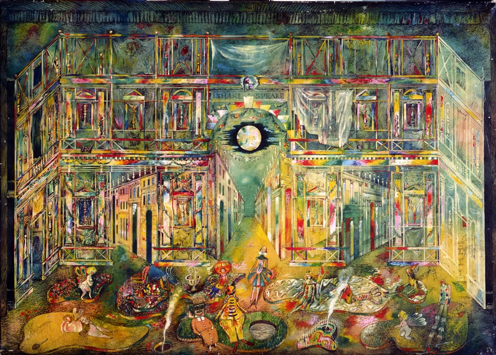 Эскиз к спектаклю «Сон в летнюю ночь» В. Шекспира. 1976 г. Осуществлен Б. Наравцевичем в горьковском ТЮЗе в 1982 г. Бумага, тушь, перо, акварель, 60х80 см.