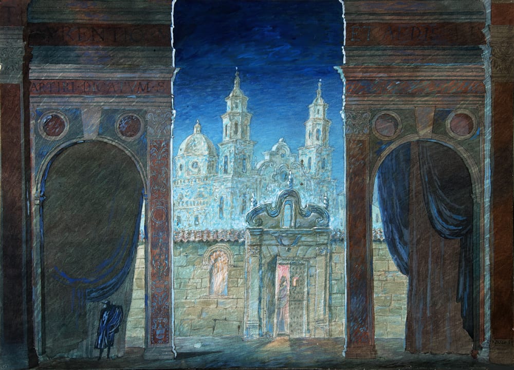 Эскиз декорации к опере «Сила судьбы». Дж. Верди. 1985 г. Театр оперы и балета им. Кирова, Ленинград. Реж. С. Штейн. Бумага, акварель, гуашь, 55х76 см.