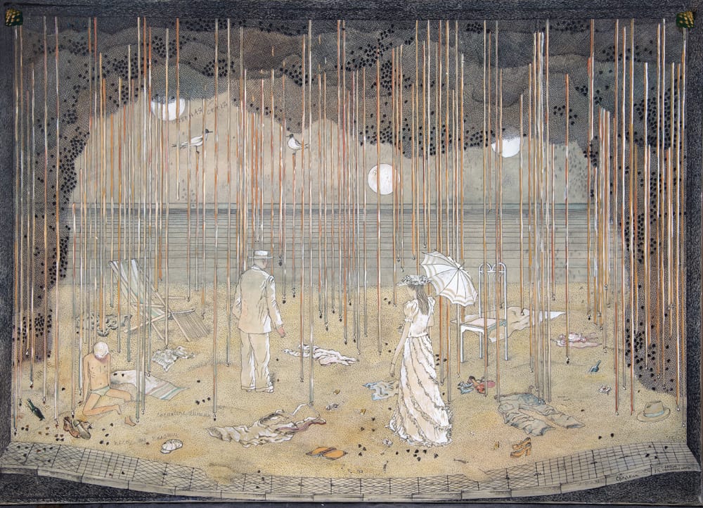 А.Арбузов. «Старомодная комедия», театр Драмы, Клайпеда, режиссер В.Ленцявичус. 1975 год. Бумага, перо, акварель. 54х75 см.