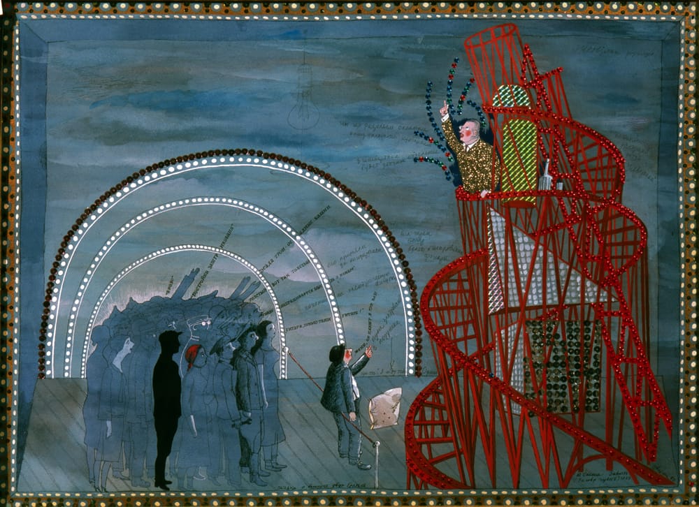 Эскиз к спектаклю «Заговор чувств» Ю.Олеши. «Общепит в башне Татлина», 1979г. Не осуществлено. Бумага, тушь, перо, акварель, гуашь, блестки, 56Х76 см.