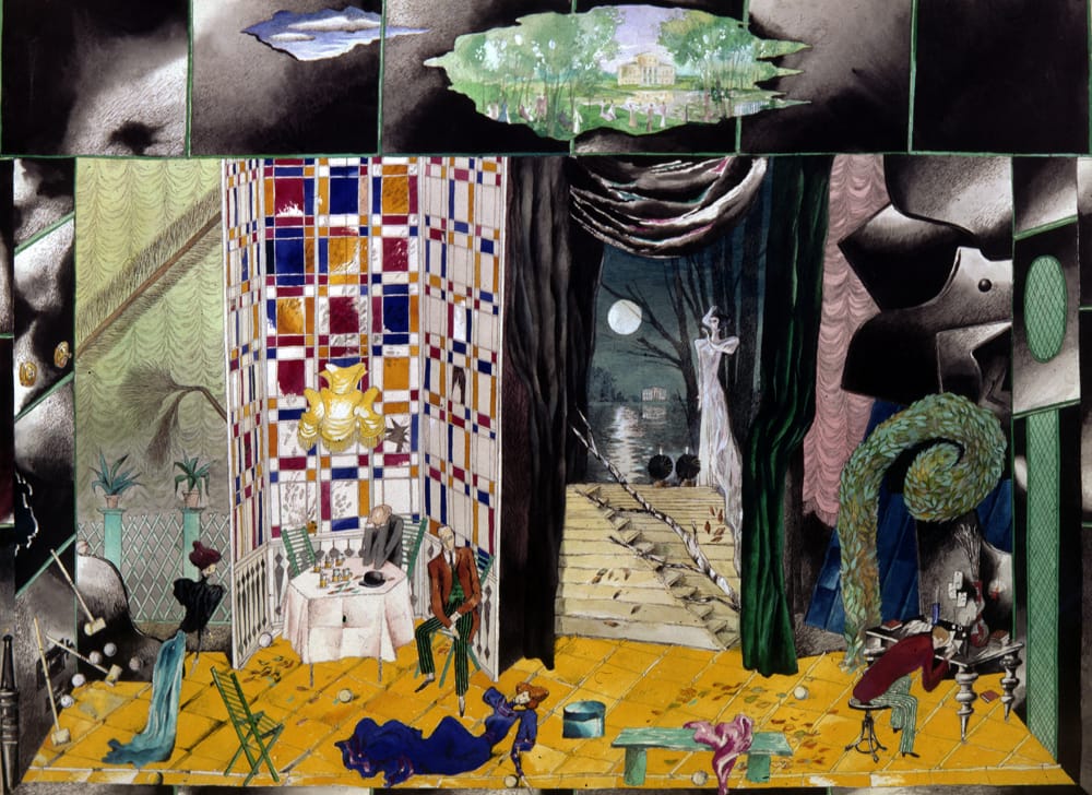 Эскиз к спектаклю «Чайка» А.Чехова. 1975 г. Ивановский областной театр драмы. Режиссер Л.Вайнштейн. Бумага, тушь, перо, акварель, гуашь, 60х80 см. Собственность ГЦТМ им. А.Бахрушина.