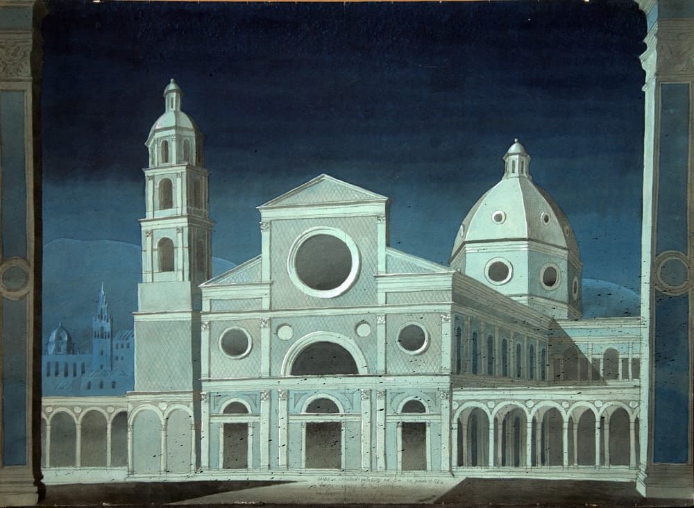 Эскиз декорации к опере «Сила судьбы». Дж. Верди. 1985 г. Картина "Собор", Театр оперы и балета им. Кирова, Ленинград. Реж. С. Штейн. Бумага, акварель, гуашь, 55х76 см. Множество сложных картин Испании и Италии. Дворцы, крепости, соборы и монастыри. Декорация не была принята ни театром, ни городом, как старомодная.