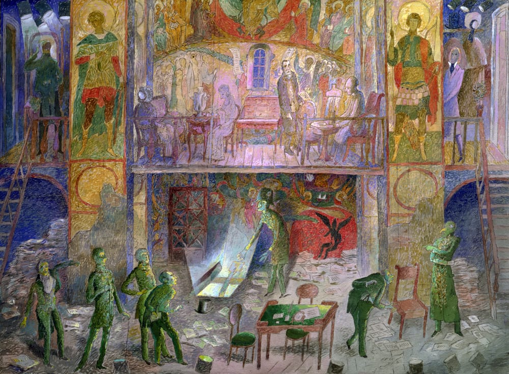 Эскиз к спектаклю «Дело» А. Сухово-Кобылина. 1986г. Театр им. Станиславского, режиссер В.Портнов. Бумага, акварель, гуашь, 55х75 см.