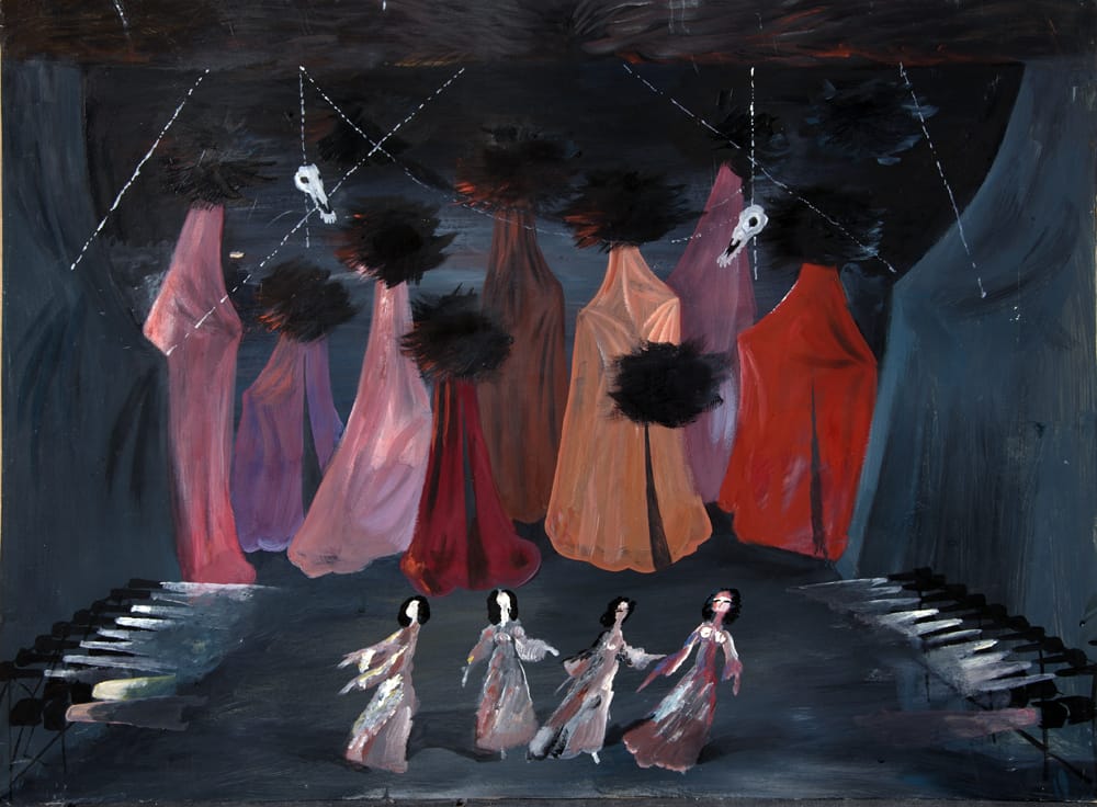 Эскиз к спектаклю «Закон предков», 1975г. Московский цыганский театр «Ромен». Режиссер С.Баркан. Бумага, темпера. 50х75см. «Лучшая работа с С.А.Барканом в цыганском театре. Черепа лошадей, цепи и двигающиеся шатры с гнездами из веток на вершинах. Придумал горизонтальное поле света из пистолетов и цветное поле по цыганским юбкам снизу из бебиков». СБ