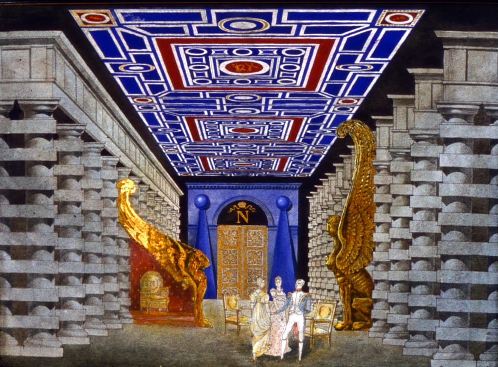 Эскиз декорации к оперетте «Катрин» А. Кремера. Картина «У Наполеона». 1986 г. Московский театр оперетты. Реж. Е. Радомысленский. Бумага, акварель, гуашь, поталь, 55х75 см. Татьяна Ивановна Шмыга, Наполеон, ампир, Леду, золоченые крылья, помпейские потолки.