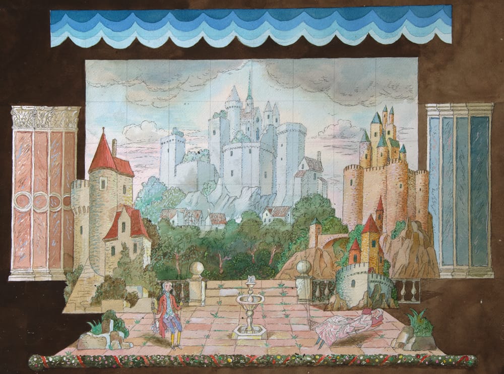 «Проснись, красавица, проснись!» («Спящая красавица» по Г.Х.Андерсону). Автор: Г. Соколова. Первое действие. Московский драматический театр им. Станиславского. Режиссер. О. Великанова. Бумага, акварель, гуашь. 50Х65 см.