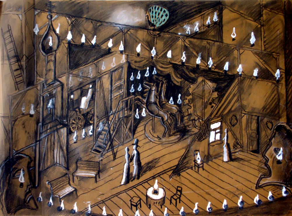 А. Островский «Таланты и поклонники», режиссер Б.Морозов, театр Сатиры, Москва. 2001 год. Картон, уголь, мел, белила. 60 х 80 см.