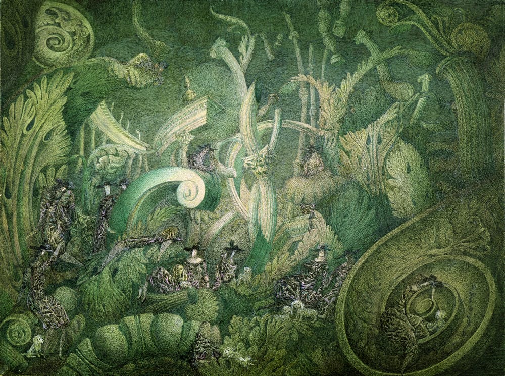 Эскиз-предложение к спектаклю «Сон в летнюю ночь» В. Шекспира. 1976 г. Не осуществлен. Бумага, тушь, акварель, 56х76 см. Собственность Л. Орловой.