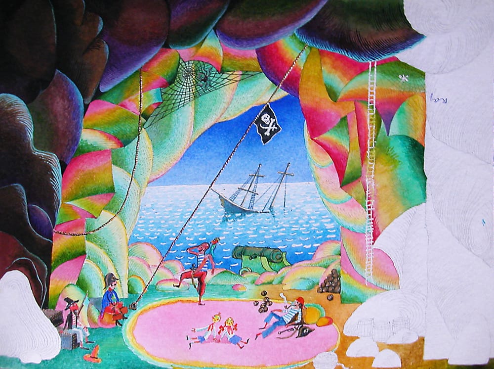 Современный эскиз к «Айболиту» Воспоминания о колониальных марках. 32Х24 см. картон, акварель, тушь.