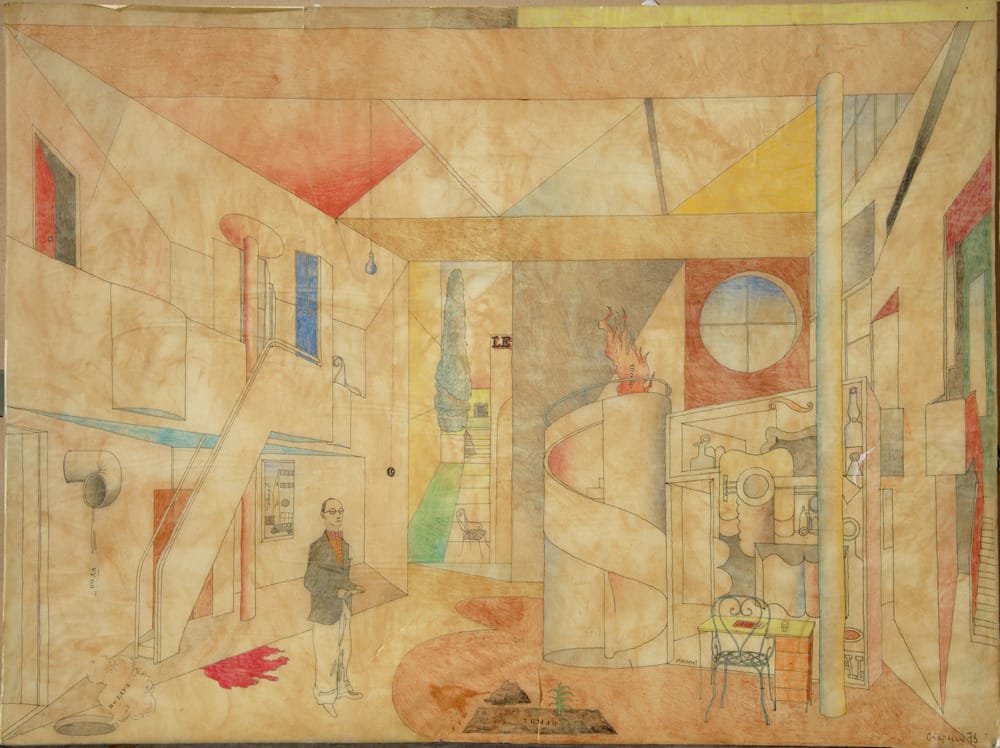 1973г. Эскиз к спектаклю «Приключения Йожки Пучека» И.Стодолы. Московский театр им. Н.В.Гоголя. Режиссёры А.Буров и В.Шлезингер. Карандашная калька на бумаге, тушь, перо, цв. карандаши, 60х80см. Эскиз и сейчас очень нравится. Цветным карандашом ещё не делали постмодернисты. Это 73, год любимого Корбюзье. Так как пьеса чешская довоенная, когда и там был конструктивизм, решил, что уместно вместить на эту сцену всего Шарля Эдуардовича. Получилось очень похоже (сейчас-то я увидел почти всего Ле Корбюзье).