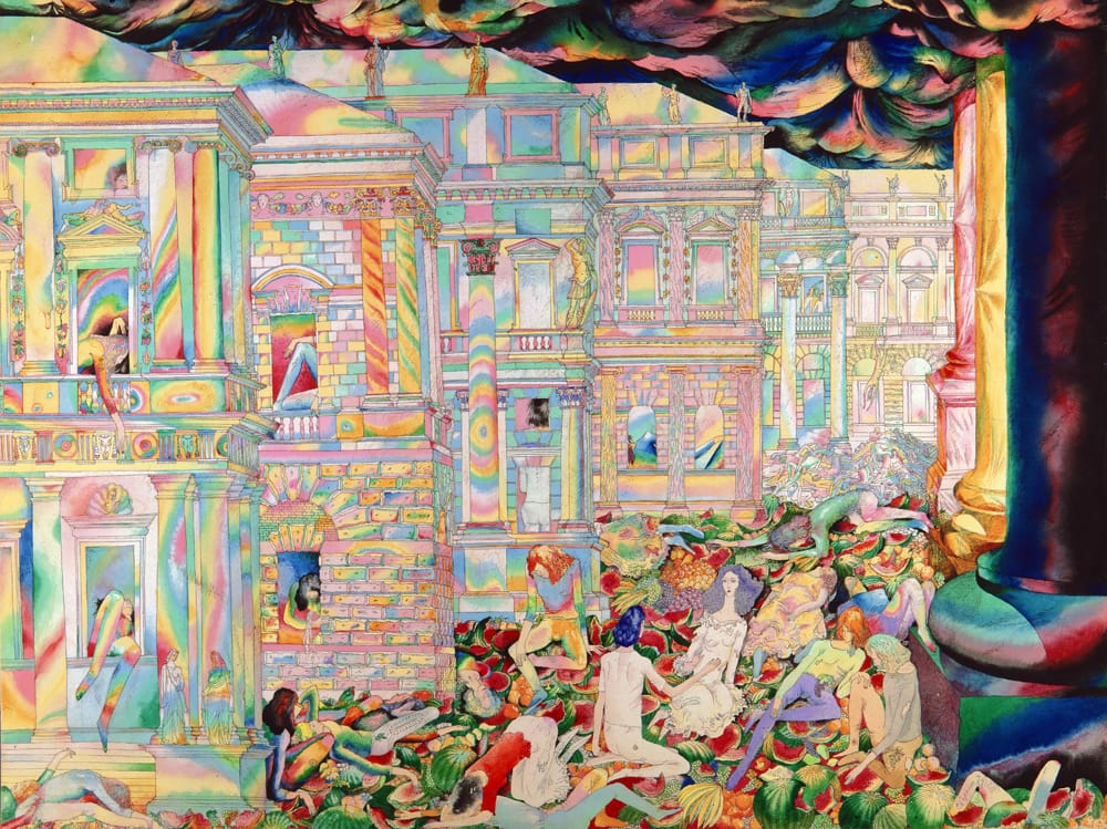 «Палладианские арбузы». Эскиз к спектаклю «Ромео и Джульетта» В. Шекспира. 1974 г. Учебный театр театрального училища им. Б. В. Щукина. Режиссер А. Буров. Бумага, акварель, тушь, перо. 56х76 см.