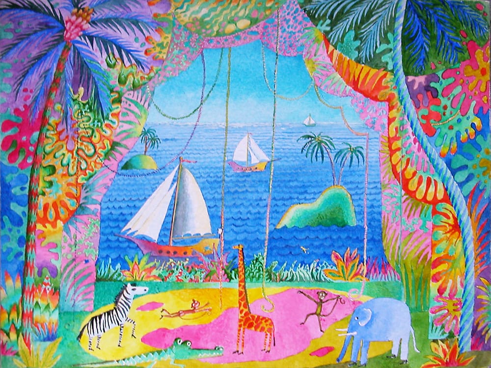 Современный эскиз к «Айболиту» Воспоминания о колониальных марках. 32Х24 см. картон, акварель, тушь.