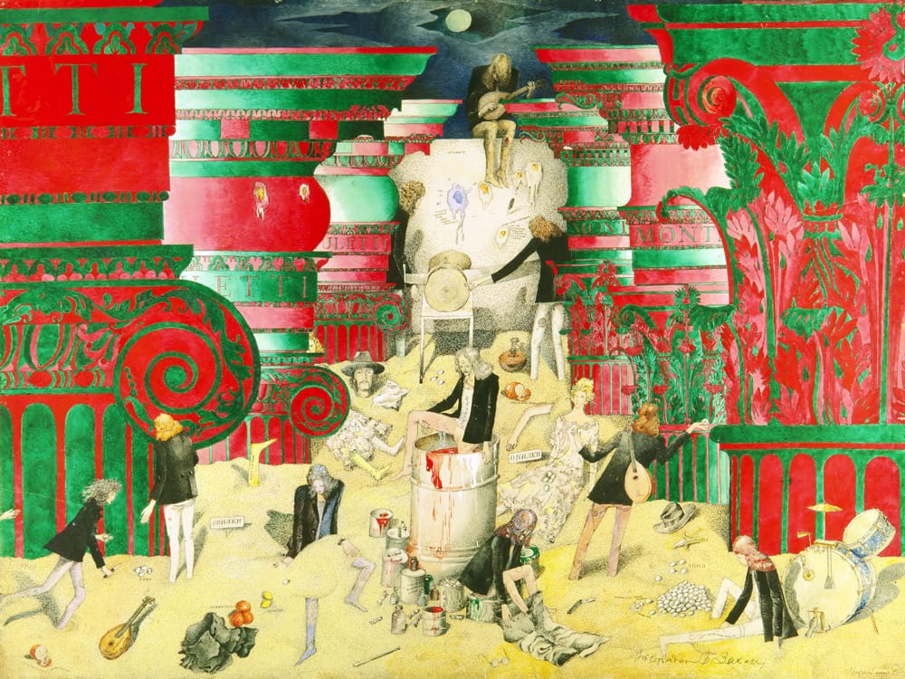 «Коринфские опилки». Эскиз к спектаклю «Ромео и Джульетта» В. Шекспира 1974 г. Учебный театр театрального училища им. Б.В. Щукина. Режиссер А. Буров. Бумага, акварель, тушь, перо. 56х76 см.