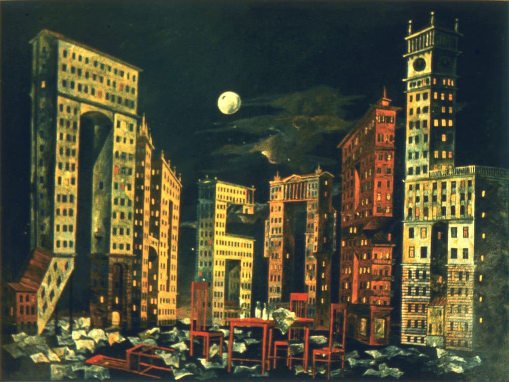 1974-76г. Эскизы к спектаклю «Похожий на льва» Р.Ибрагимбекова. «Любовь», «Семья», «Смерть». Русский театр драмы в Минске. Режиссер В.Кузнецов. Бумага на картоне, темпера, 60х80см. На сцене условный сталинский Минск и многоэтажные дома в виде букв, составляющих слова – «любовь», «жизнь» и «смерть». Три разные картины. В сотнях окошек горел свет. После войны Минск проектировали любимые мною М.П.Парусников и М.О. Барщ.