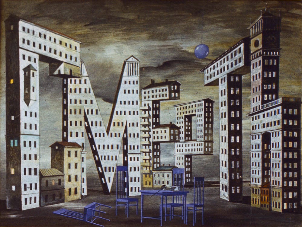 1974-76г. Эскизы к спектаклю «Похожий на льва» Р.Ибрагимбекова. «Любовь», «Семья», «Смерть». Русский театр драмы в Минске. Режиссер В.Кузнецов. Бумага на картоне, темпера, 60х80см. На сцене условный сталинский Минск и многоэтажные дома в виде букв, составляющих слова – «любовь», «жизнь» и «смерть». Три разные картины. В сотнях окошек горел свет. После войны Минск проектировали любимые мною М.П.Парусников и М.О. Барщ.