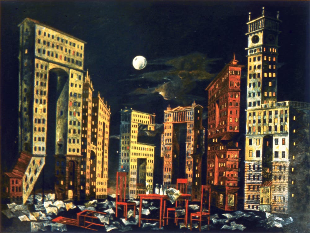 Эскиз к спектаклю «Похожий на льва» Р.Ибрагимбекова. «Любовь» 1974-76г. Русский театр драмы в Минске. Режиссер В.Кузнецов. Бумага на картоне, темпера, 60х80 см. «На сцене условный сталинский Минск и многоэтажные дома в виде букв, составляющих слова - «любовь», «семья» и «смерть». Три разные картины. В сотнях окошек горел свет. После войны Минск проектировали любимые мною М.П.Парусников и М.О.Барщ». СБ