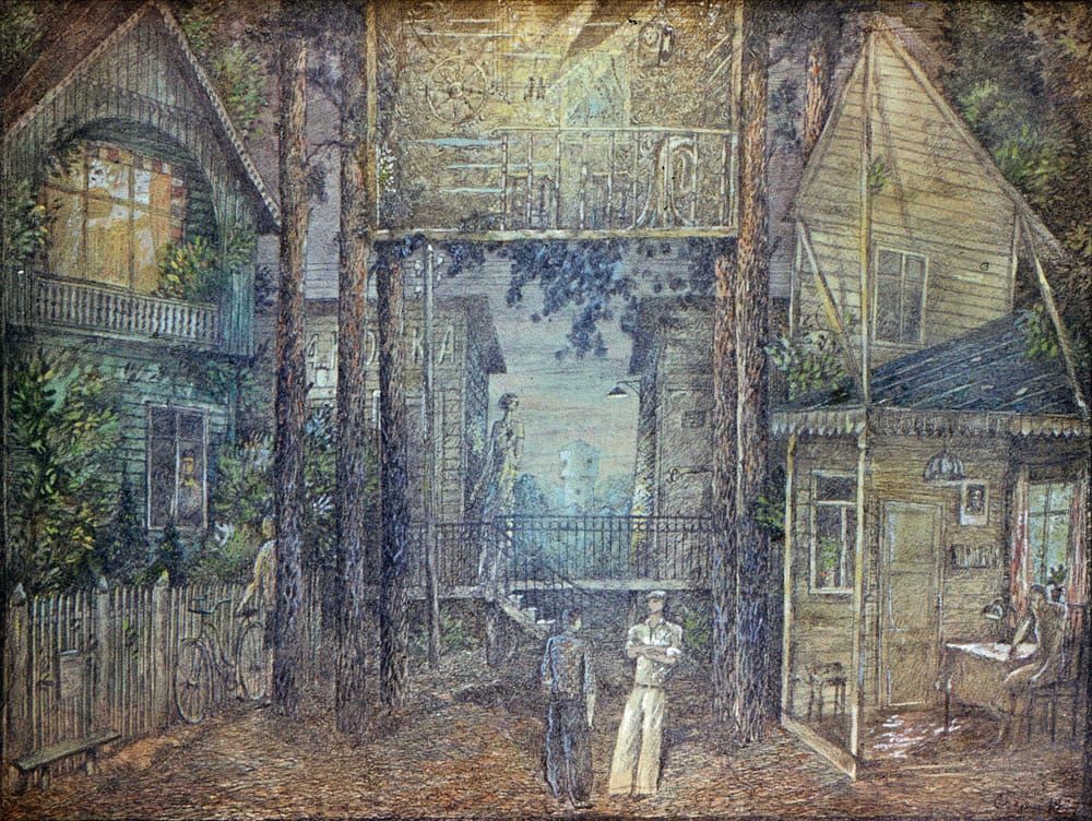 «И завтра - бой». Инсценировка Т. Гайдара и Г. Яловича по повести А. Гайдара «Тимур и его команда». Московский театр юного зрителя. Режиссер Ю. Жигульский. Эскиз декорации. 1976 год. Бумага, акварель, тушь, перо, белила. 60 х 80 см.