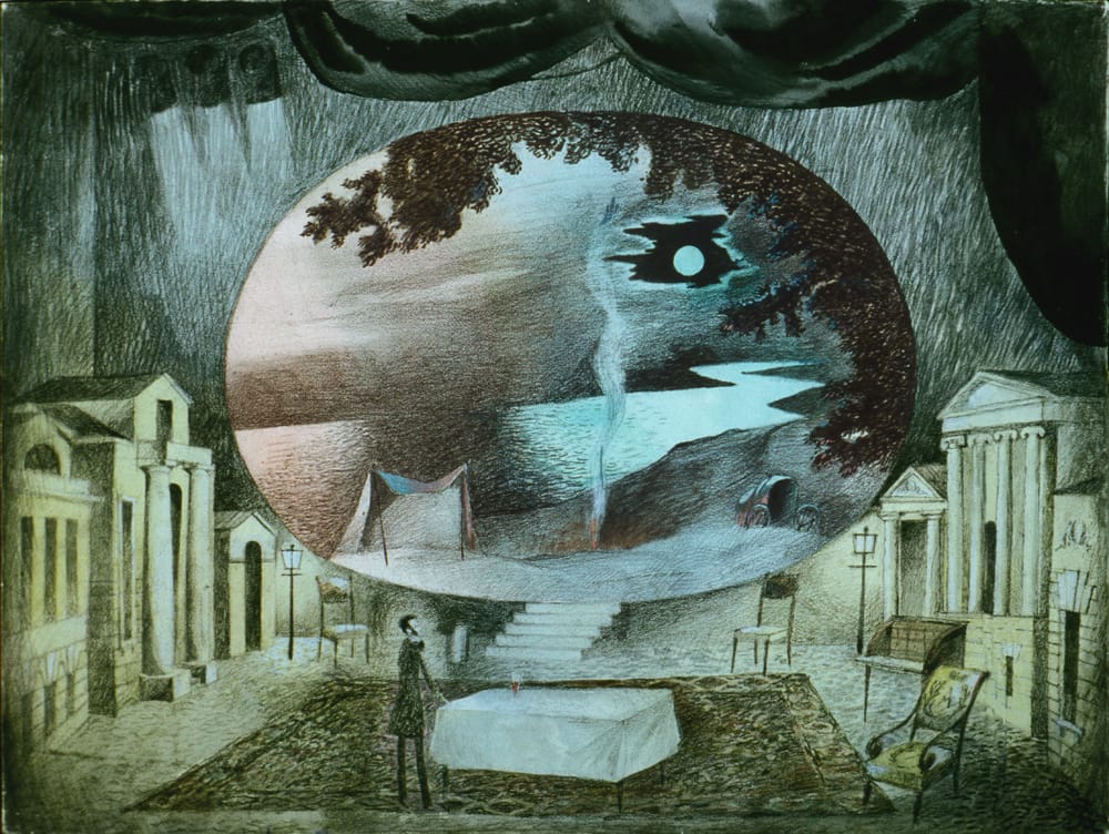 Эскиз к спектаклю «Здравствуй, Пушкин!» А.Гессена, И.Ром-Лебедева. 1973г. Московский цыганский театр «Ромен». Режиссер С.Баркан. Бумага, акварель, итальянский карандаш, 60х80 см. Собственность государственного литературного музея им. А.С.Пушкина.