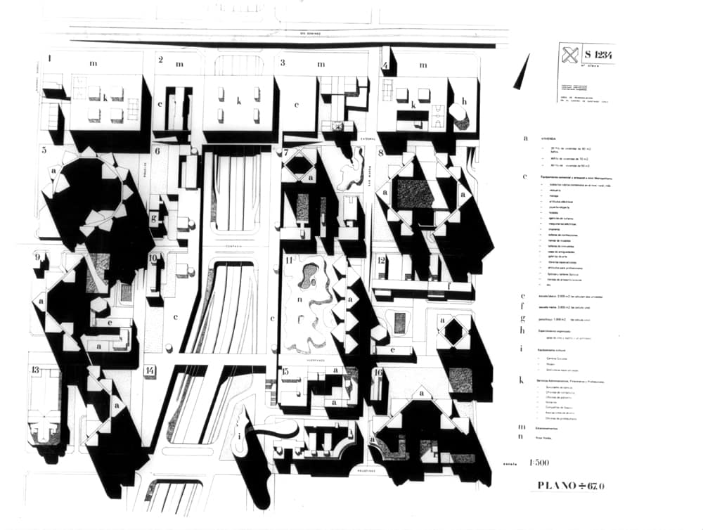 Проект квартала в Сант-Яго. Международный конкурс. Авторы: Е.Б.Новикова, С.М.Бархин, А.П.Гозак и др. Бумага, тушь, 100х100см.