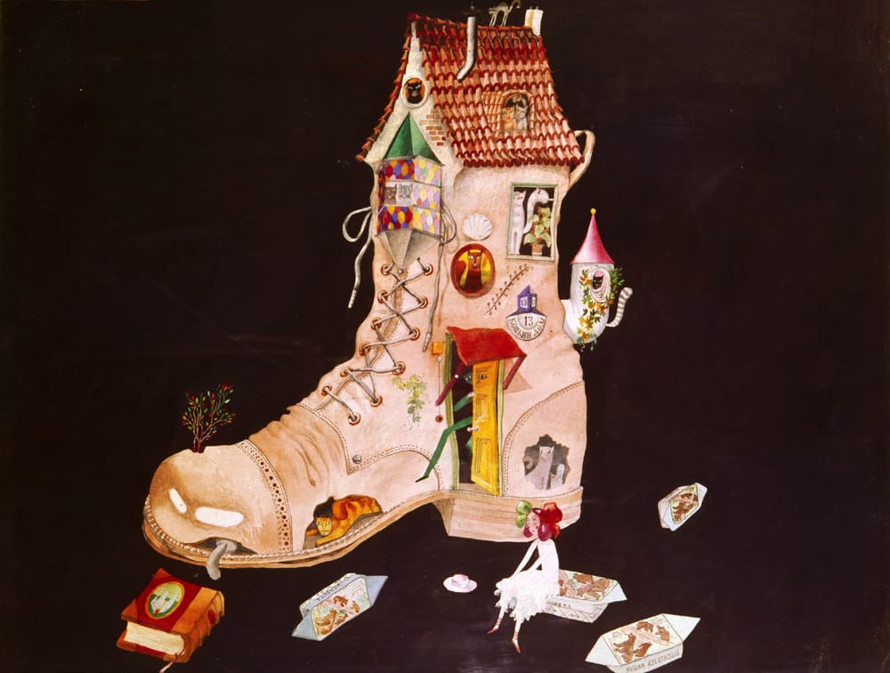 Эскиз к спектаклю «Разноцветные страницы» по С.Маршаку. Горьковский ТЮЗ. Второе действие «Кошкин дом», 1976г. Режиссер Б.Наравцевич. Бумага, гуашь, перо, акверель, 60х80 см.