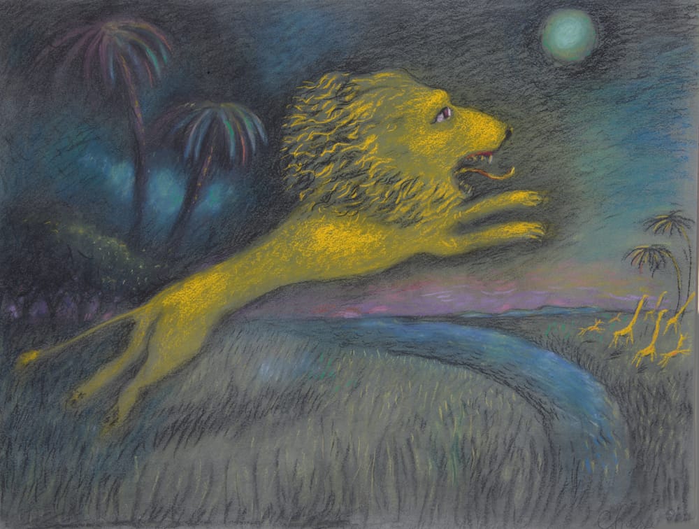 Эскиз к мультфильму «Лев с седой бородой» по сценарию Т. Гуэрра. 1986 г. Режиссер А. Хржановский. Тон. бумага, уголь, пастель, 50 х 64,5 см.