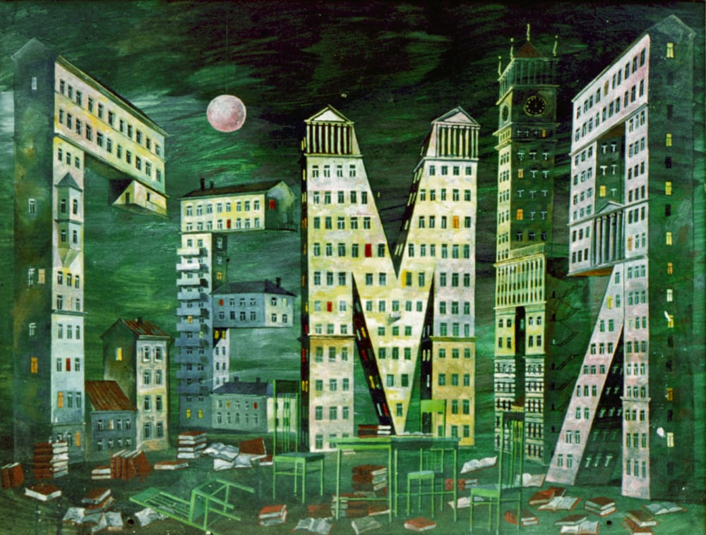 1974-76г. Эскизы к спектаклю «Похожий на льва» Р.Ибрагимбекова. «Любовь», «Семья», «Смерть». Русский театр драмы в Минске. Режиссер В.Кузнецов. Бумага на картоне, темпера, 60х80см. На сцене условный сталинский Минск и многоэтажные дома в виде букв, составляющих слова – «любовь», «жизнь» и «смерть». Три разные картины. В сотнях окошек горел свет. После войны Минск проектировали любимые мною М.П.Парусников и М.О. Барщ.