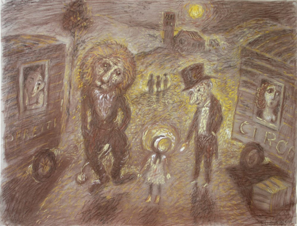 Эскиз к мультфильму «Лев с седой бородой» по сценарию Т. Гуэрра. 1986 г. Режиссер А. Хржановский. Тон. бумага, уголь, пастель, 50 х 64,5 см.