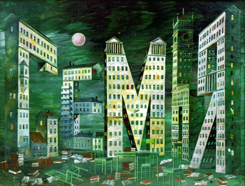 Эскиз к спектаклю «Похожий на льва» Р.Ибрагимбекова. «Семья» 1974-76г. Русский театр драмы в Минске. Режиссер В.Кузнецов. Бумага на картоне, темпера, 60х80 см. «На сцене условный сталинский Минск и многоэтажные дома в виде букв, составляющих слова - «любовь», «семья» и «смерть». Три разные картины. В сотнях окошек горел свет. После войны Минск проектировали любимые мною М.П.Парусников и М.О.Барщ». СБ