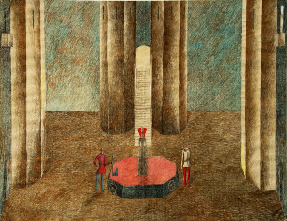 Эскиз к опере «Мария Стюарт» С. Слонимского. 1981 г. Куйбышевский театр оперы и балета. Реж. О. Иванова. Тонированная бумага, гуашь, бронза 50х65 см. Условная декорация замка с четырьмя восмигранными башнями за занавесом преображалась по ширине, глубине и цвету - из красно-розового в зелено-голубую и золотистую.