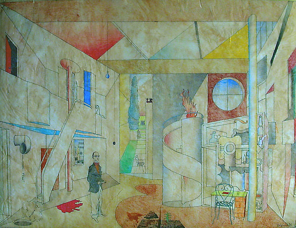 «Приключения Йожки Пучека» И. Стодолы. 1973г.Театр им. Гоголя. Режиссёры Буров и Шлезингер. Карандашная калька на бумаге, тушь, перо, цв. карандаши, 60х80см. Это 73, год любимого Корбюзье. Так как пьеса чешская довоенная, когда там был конструктивизм, вместил на сцену всего Корбюзье. На белых плоскостях была еще вычерчена и чуть отретуширована архитектура вилл – Савой, Гарш, Ла Рош и мастерской Озанфана. В 73 году уже забыли Хэмингуэя и Корбюзье, а в 57 это были главные герои для нас – стиляг.