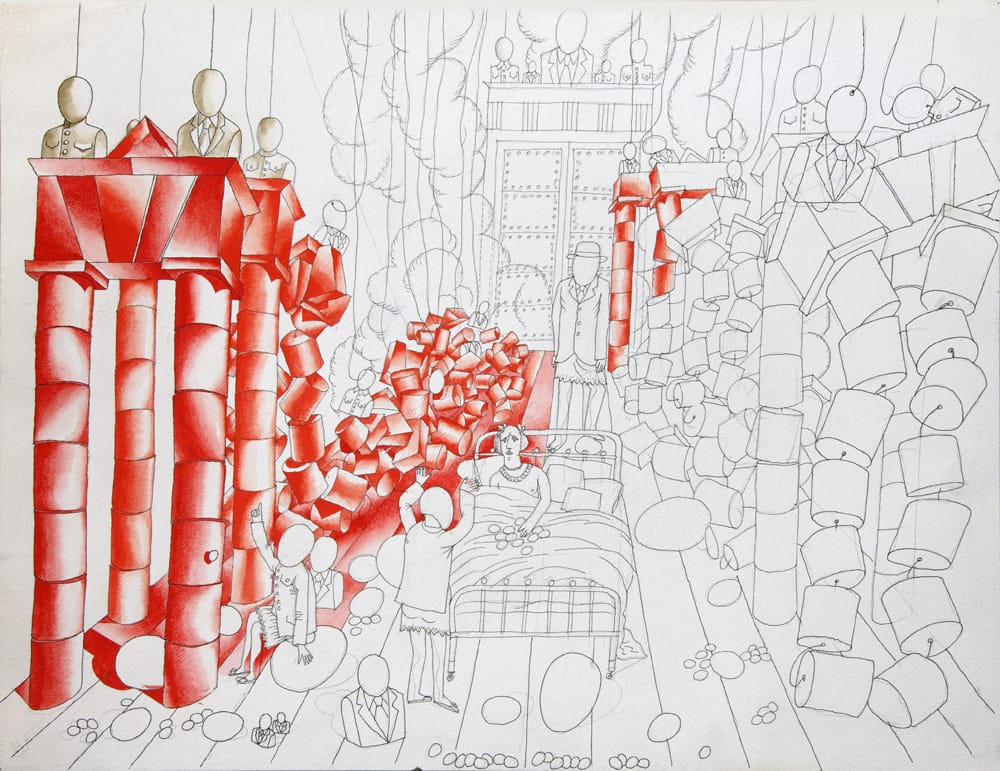 Эскиз к спектаклю «Ромул Великий». 1990 г., Ленком, реж. П.Штеин, 50х60 см.