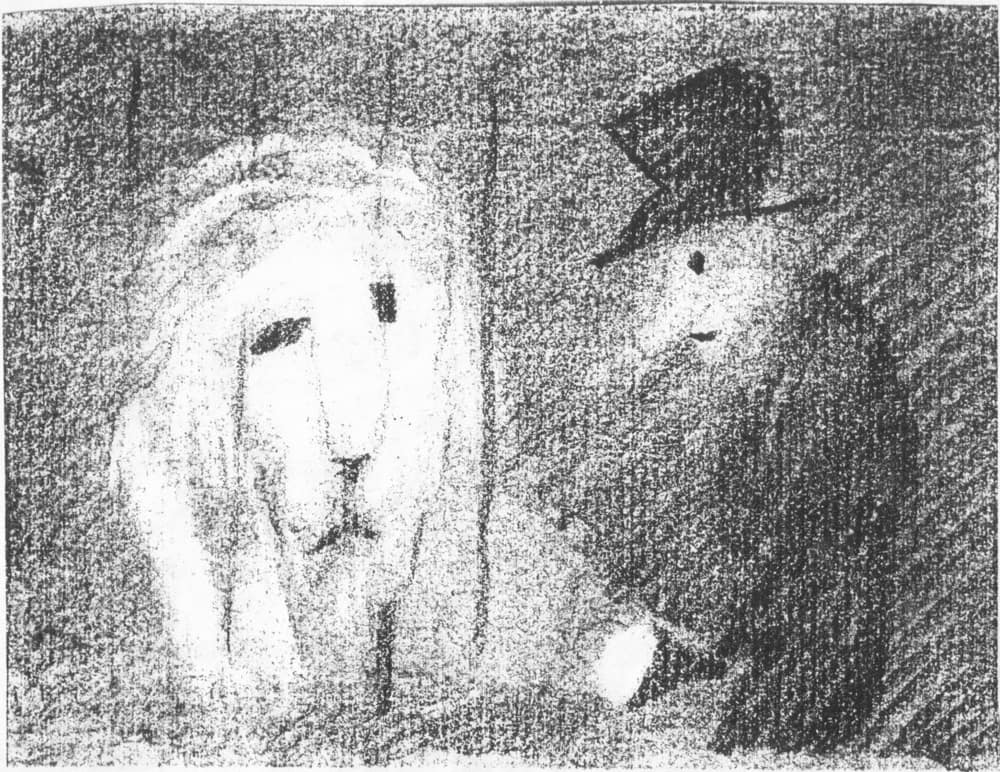 Эскиз к мультфильму «Лев с седой бородой» по сценарию Т. Гуэрра. 1986 г. Режиссер А. Хржановский. Тон. бумага, уголь, пастель, 50 х 64,5 см.