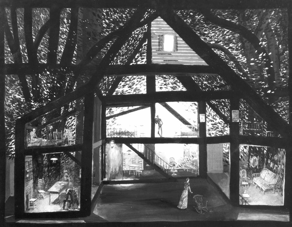 Ю.ОНил. «Любовь под вязами». МХАТ им. Горького. Не осуществлено. 1976г. Бумага, гуашь, темпера, 60х80 см.